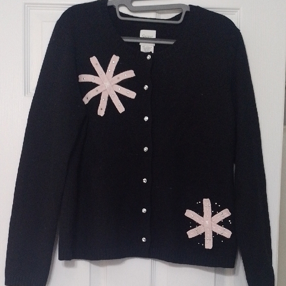 Garnet Hill Sweaters - Garnet Hill Black and Pink Cardigan Sweater with Snowflake Design